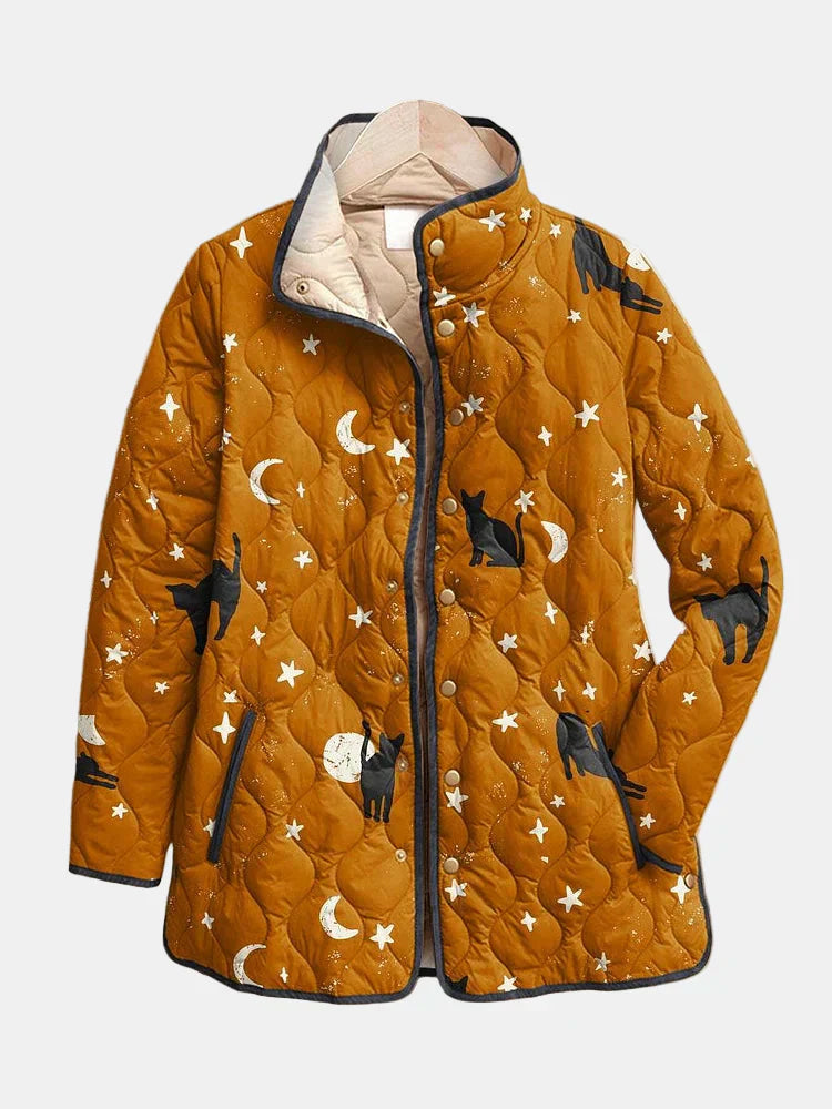 Lumeia | Casual Black Cat Halloween Print Quilted Jacket